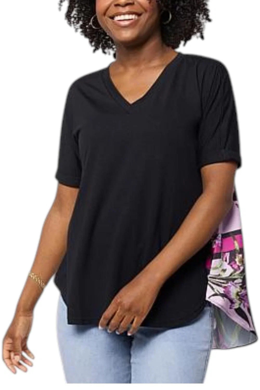 DG2 by Diane Gilman Women's Contrast Back Printed Tee Multi Floral - Regular